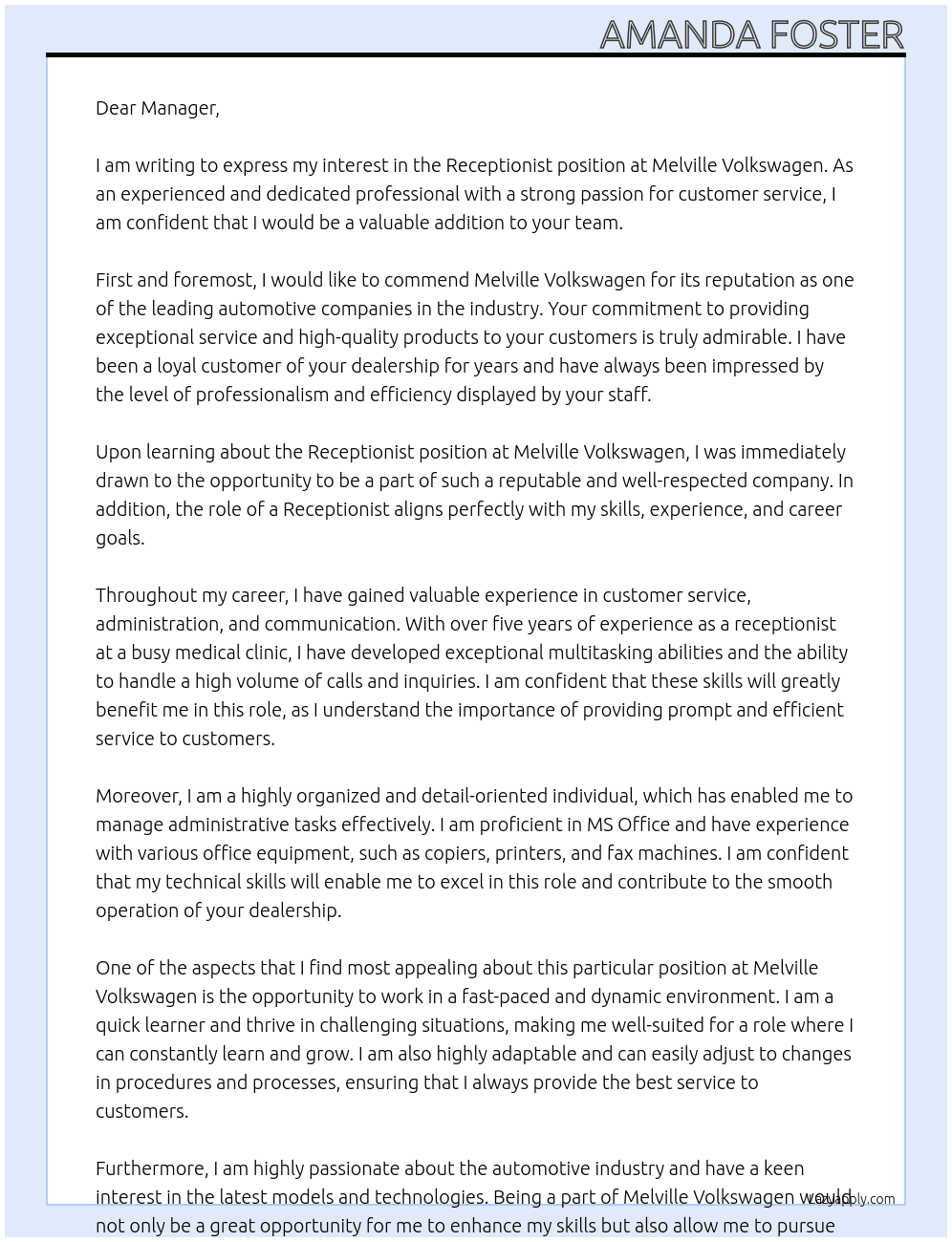 Receptionist  At Melville Volkswagen  Cover Letter