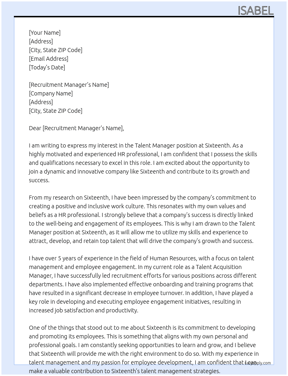 Talent Manager At Sixteenth Cover Letter