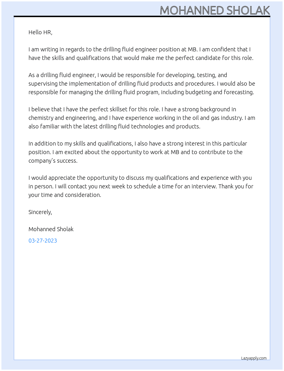 drilling fluid engineer At MB Cover Letter