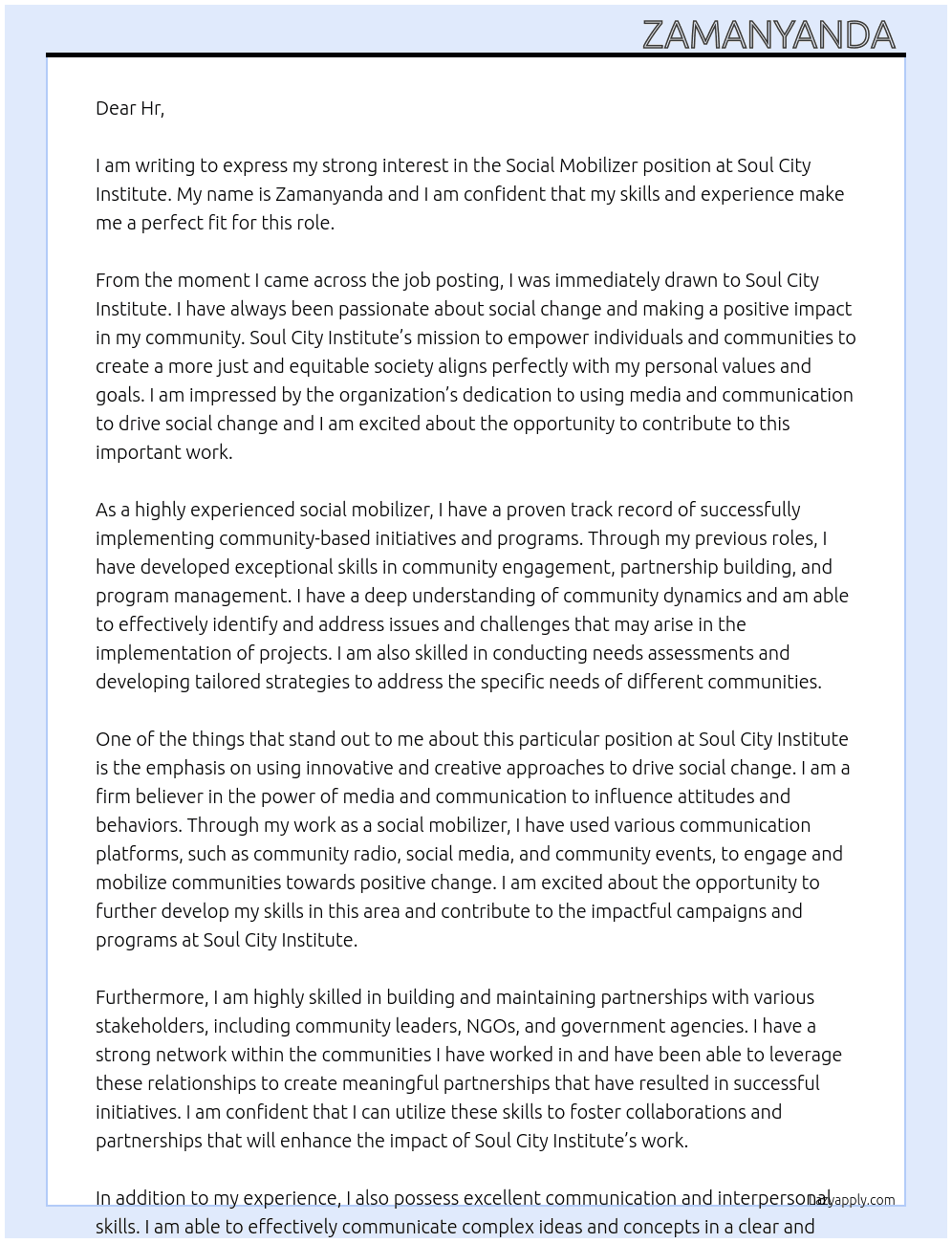 Social mobilizer At Soul city institute  Cover Letter