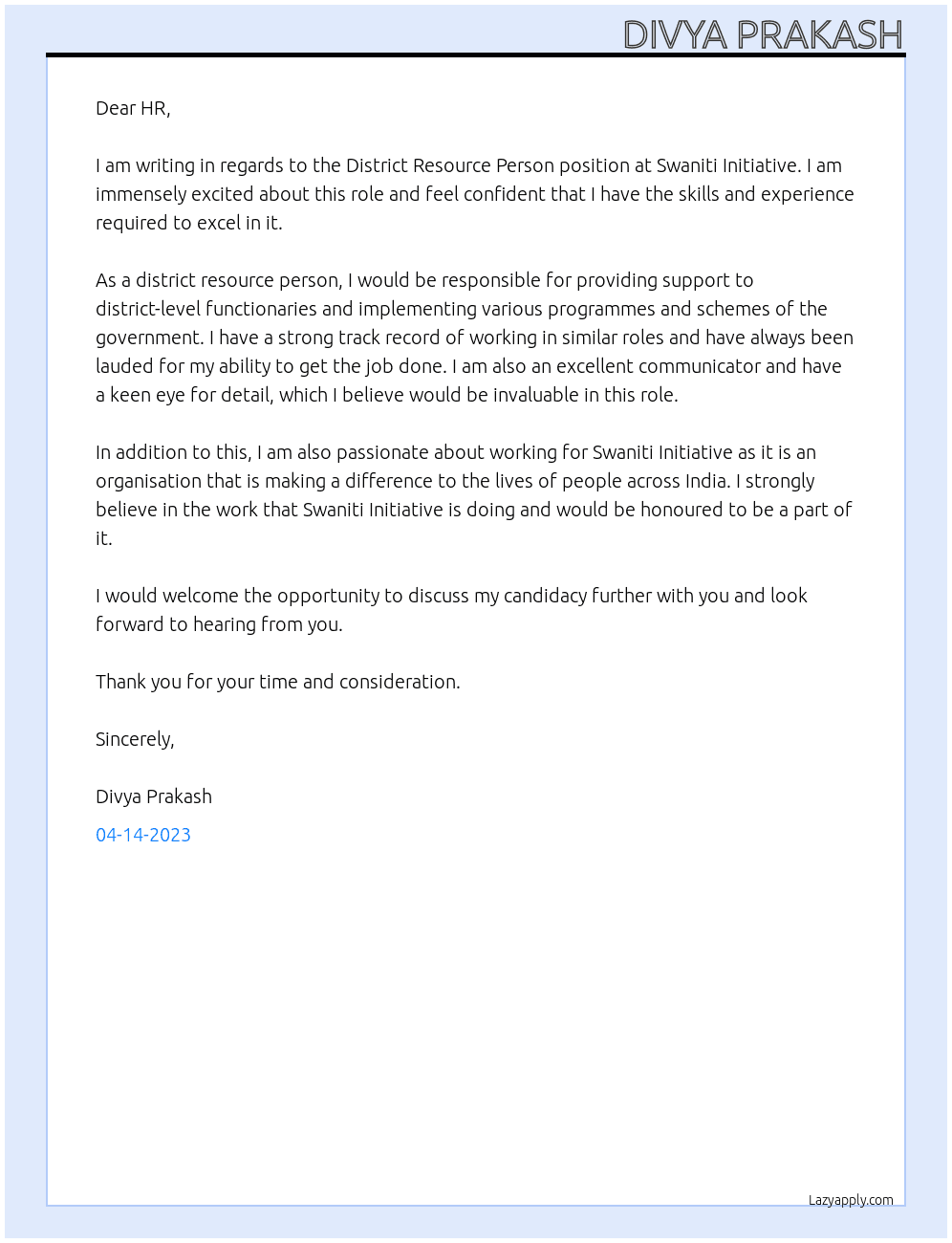 District Resource Person  At Swaniti Initiative  Cover Letter