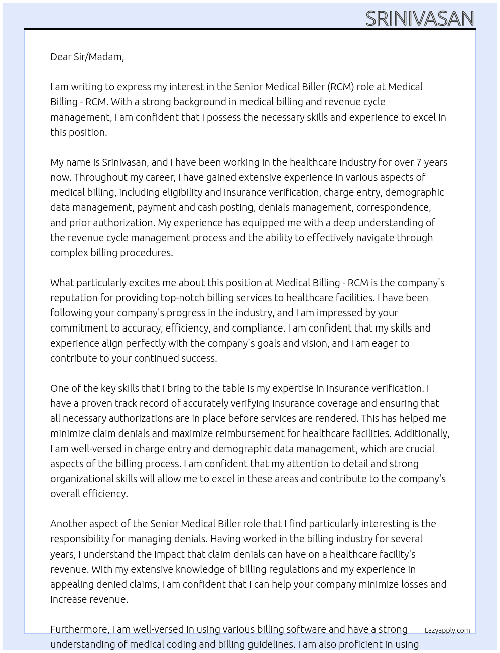 Medical biller (RCM) At Medical billing - RCM Cover Letter