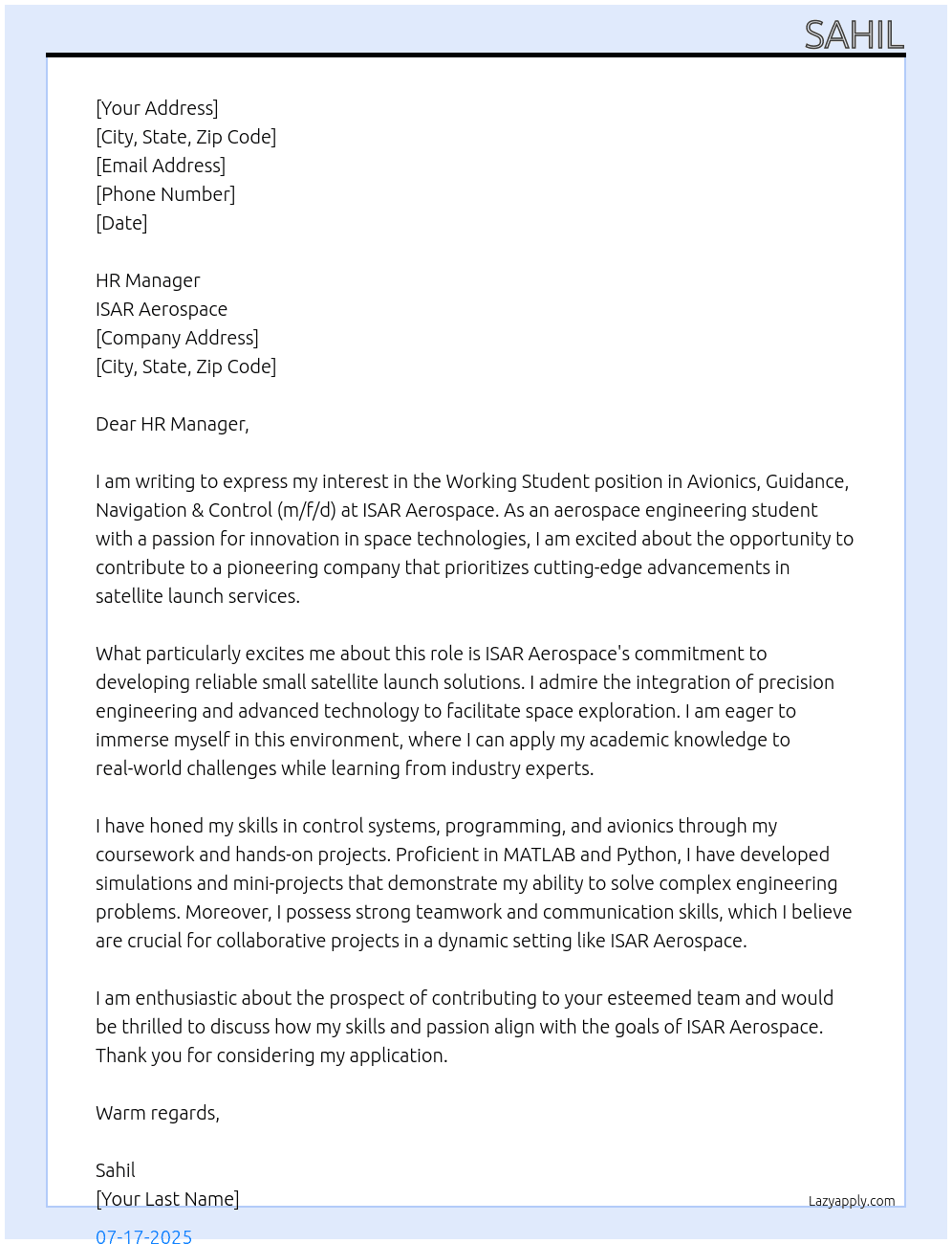 Working Student - Avionics, Guidance, Navigation & Control (m/f/d) At ISAR Aerospace Cover Letter