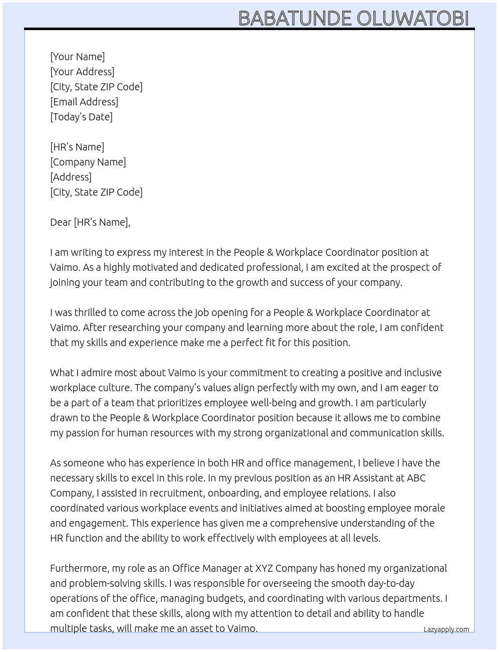 People & Workplace Coordinator At vaimo Cover Letter