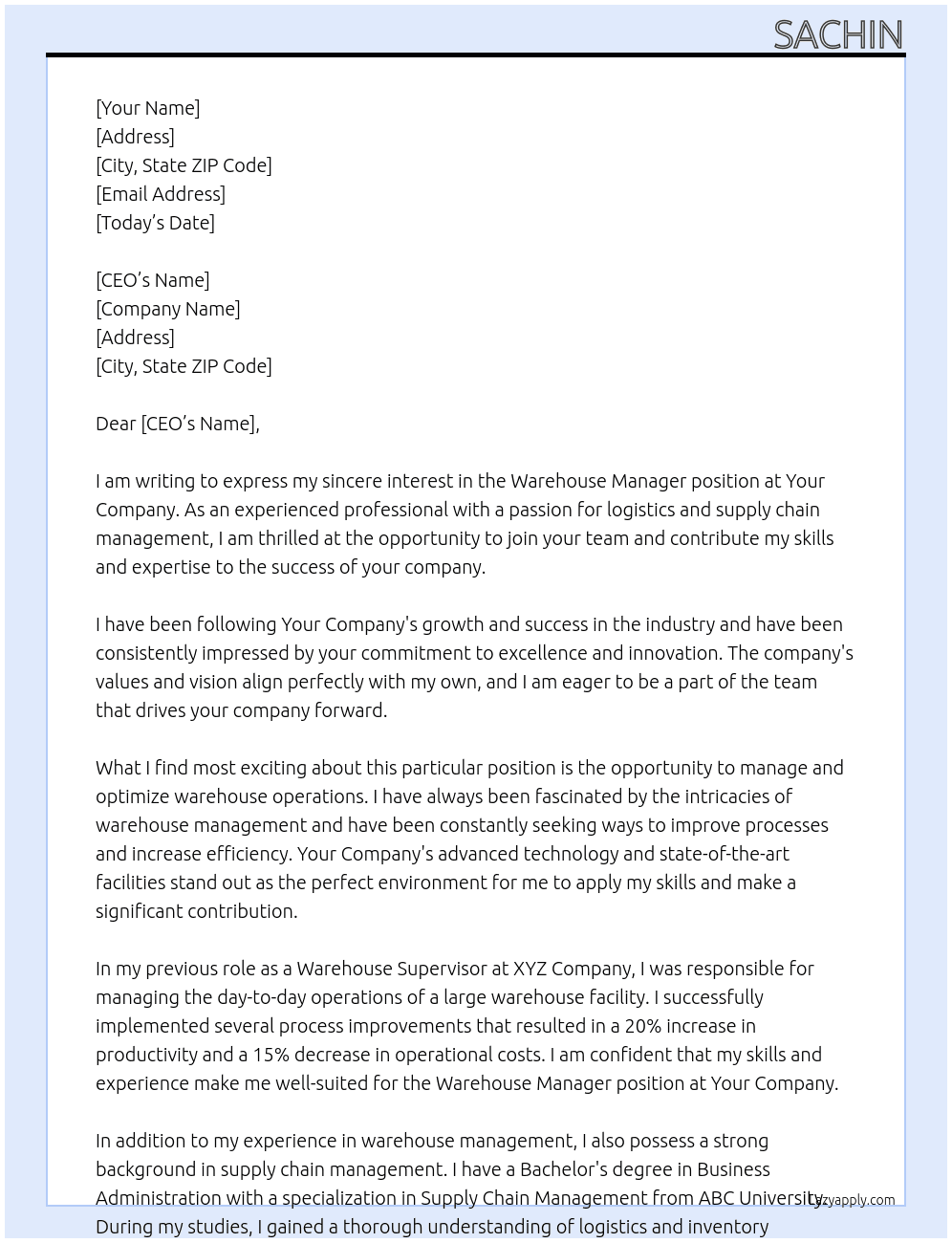 Warehouse manager  At Your company  Cover Letter