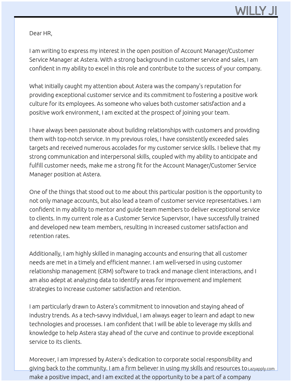 Account Manager/Customer Service Manager At Astera Cover Letter