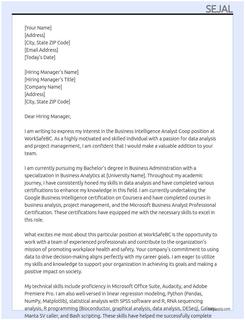 Business Intelligence analyst Coop At WorkSafeBC Cover Letter