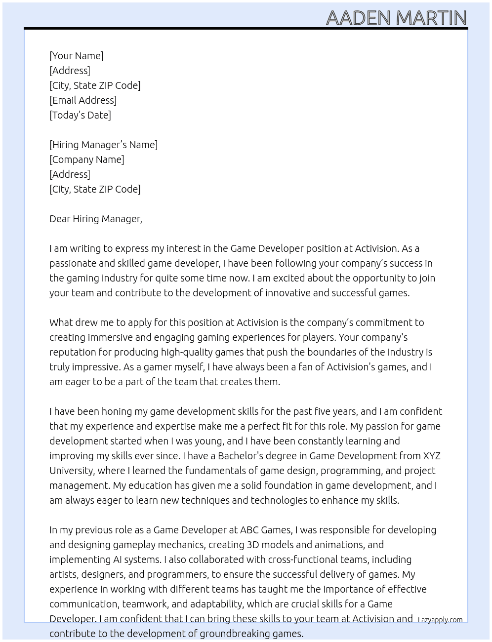 Game Developer At Activision Cover Letter
