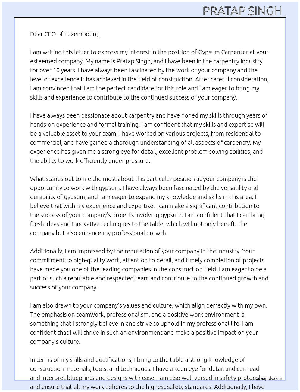 Gypsum carpenter  At Luxembourg  Cover Letter