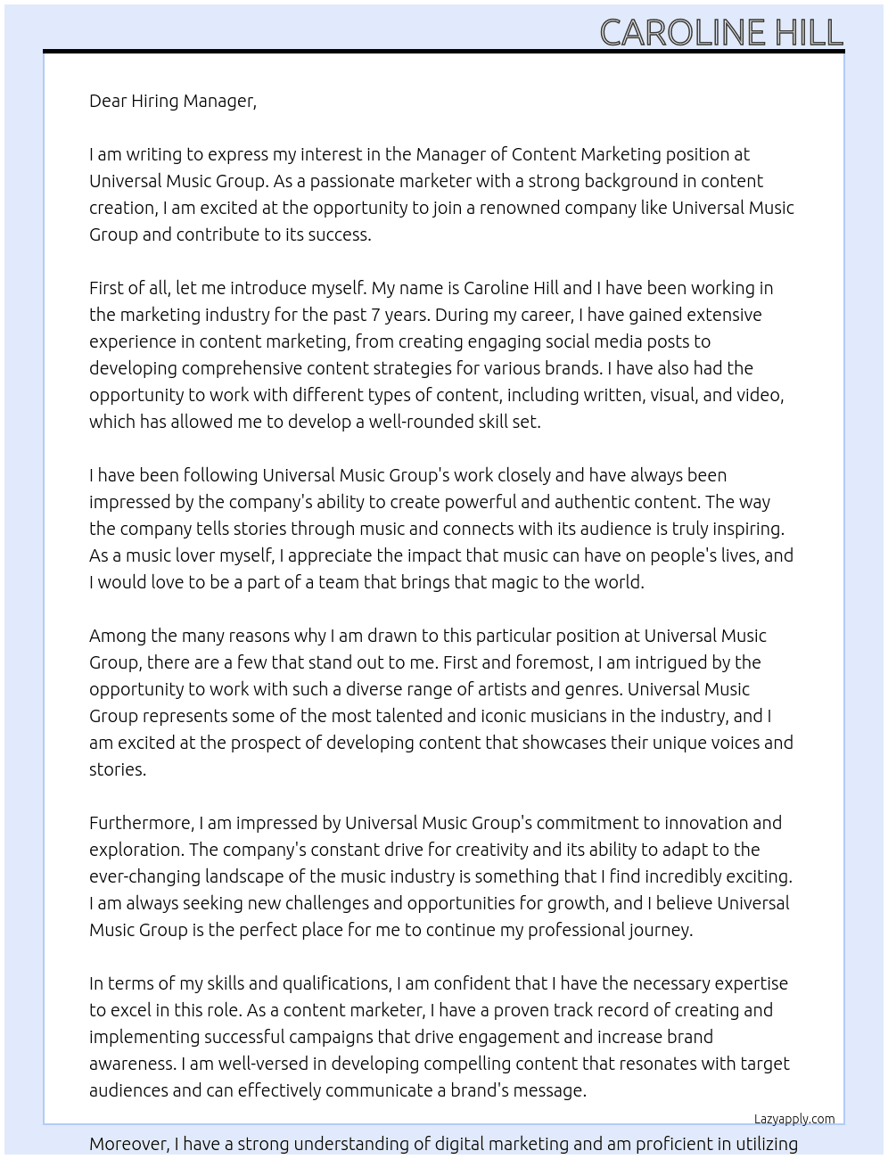 manager and content marketing At universal music group Cover Letter