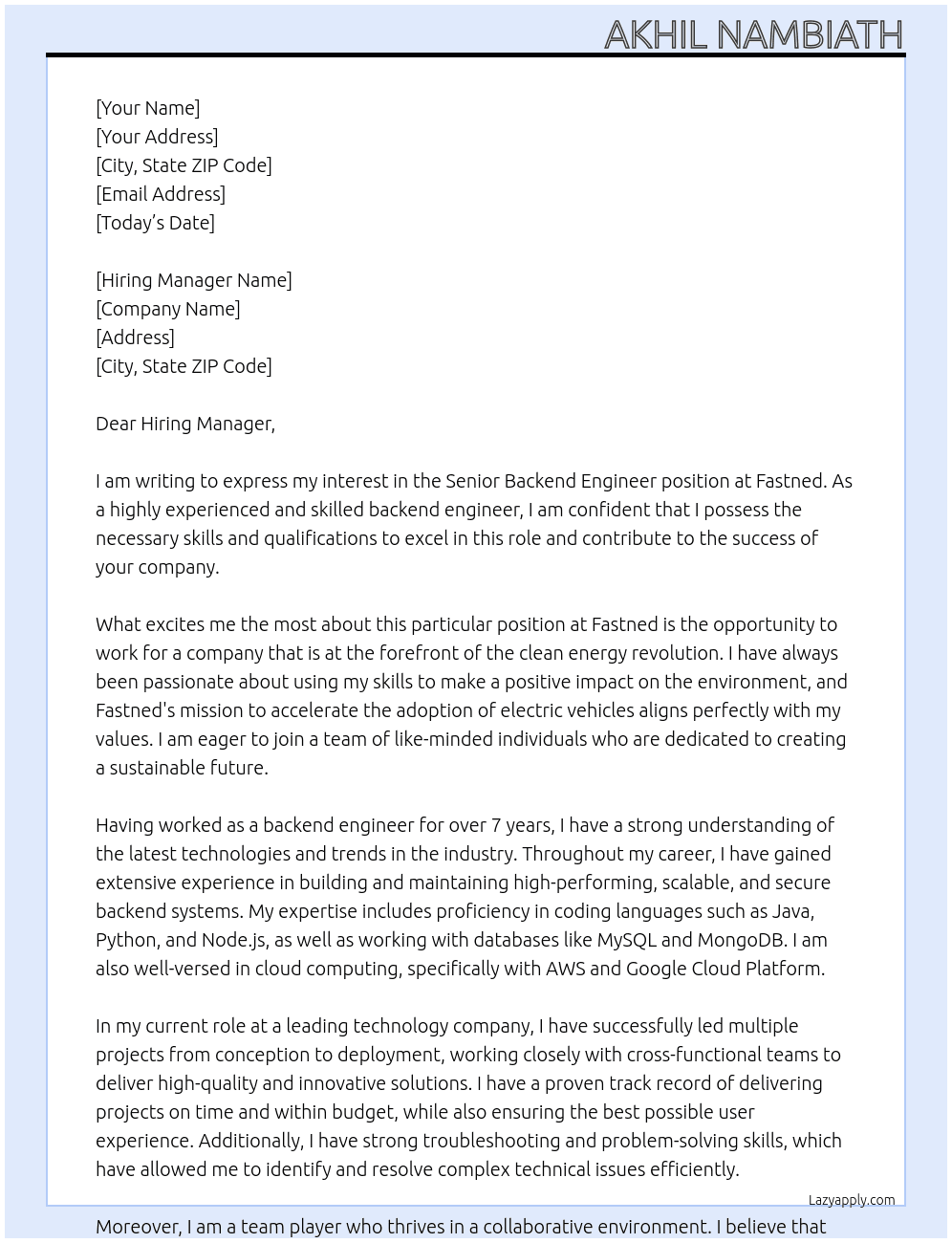 Senior Backend Engineer At Fastned Cover Letter