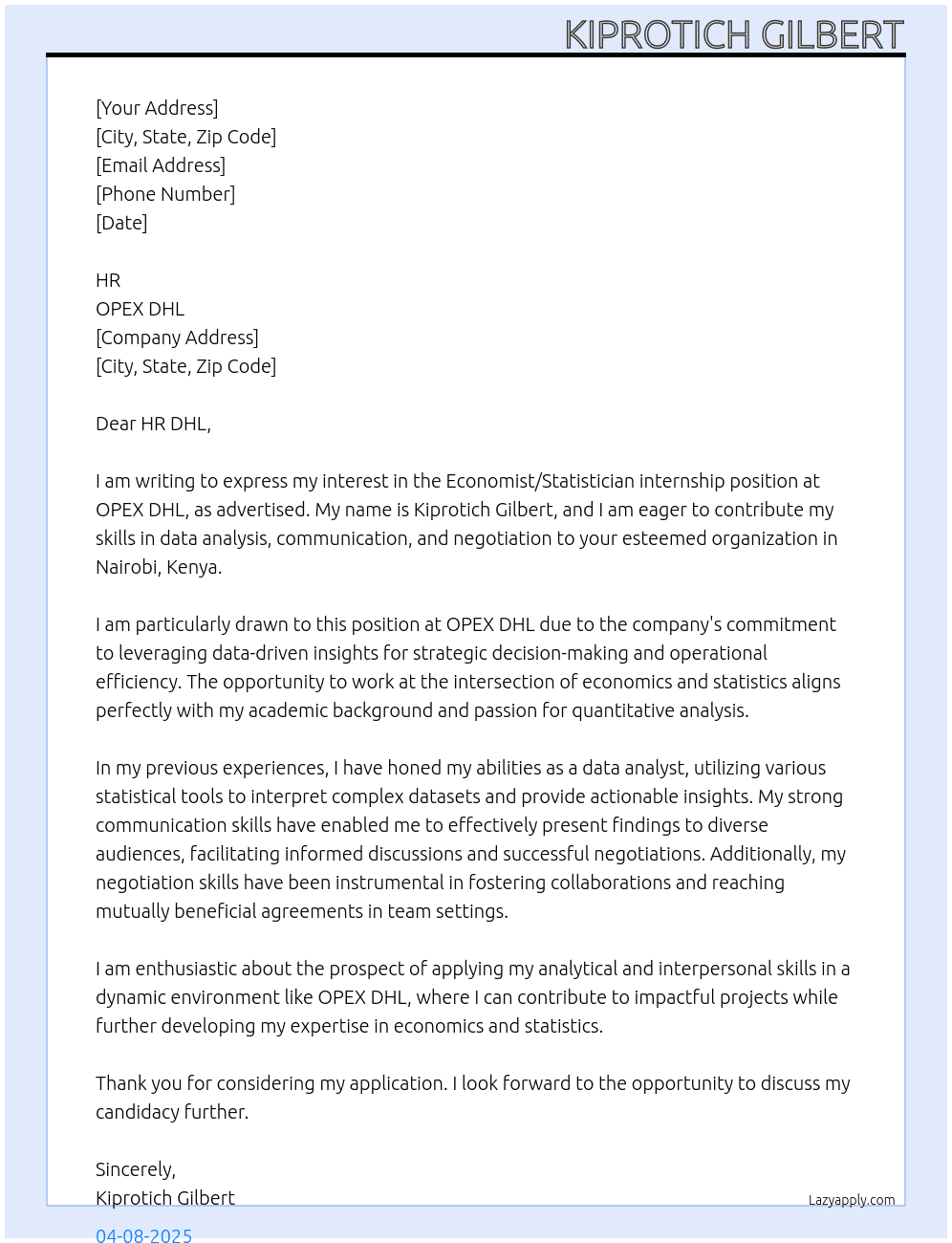  ECONOMIST/STATISTICIAN At OPEX DHL Cover Letter