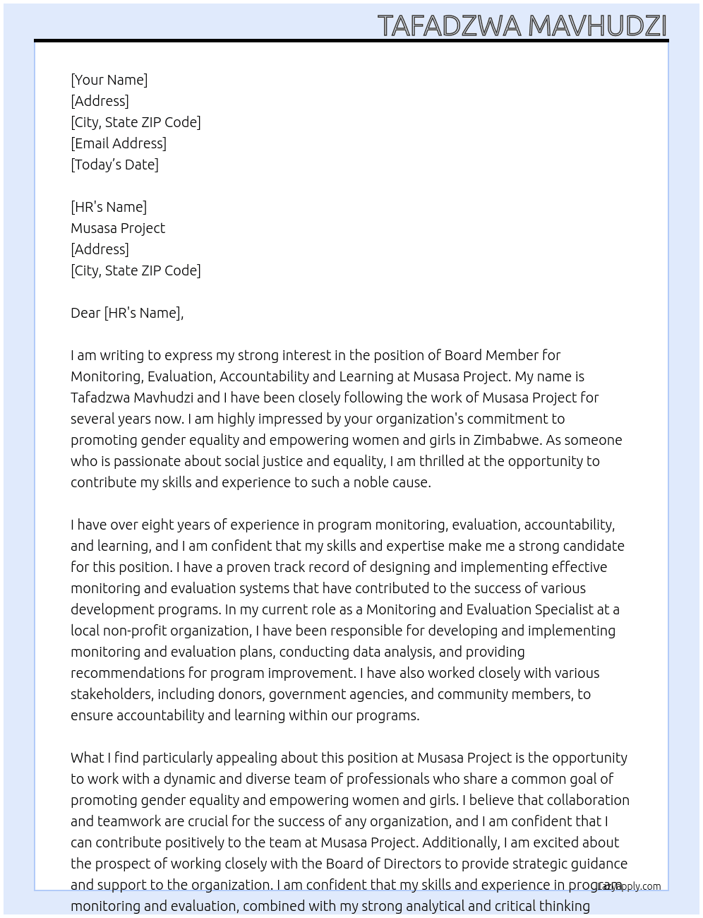 Board Member - Monitoring, Evaluation, Accountability and Learning. At Musasa Project  Cover Letter