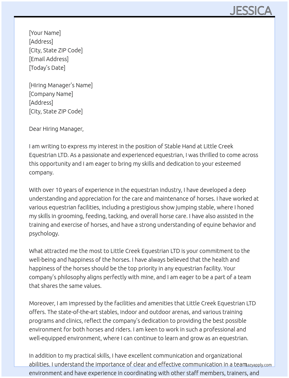 Stable Hand At Little Creek Equestrian LTD Cover Letter