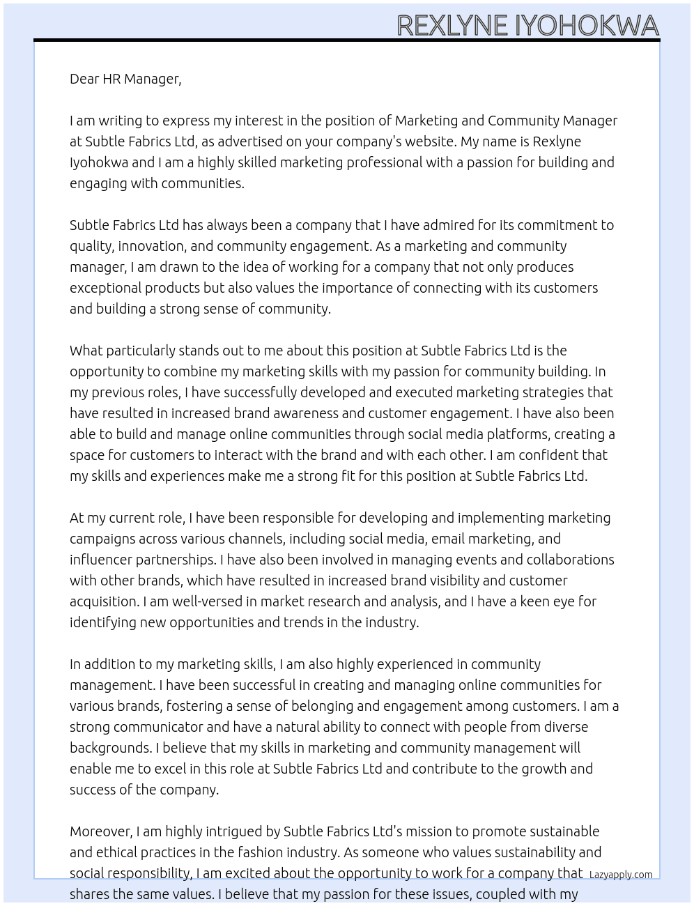Marketing and community manager At Subtle Fabrics Ltd, Lagos Island Cover Letter