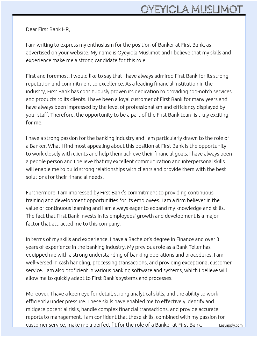 Banker At First bank  Cover Letter