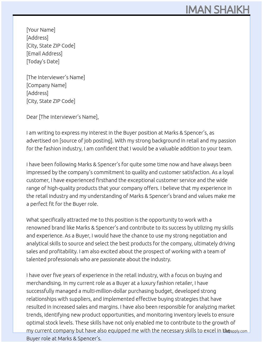 Buyer At Marks & spencers Cover Letter