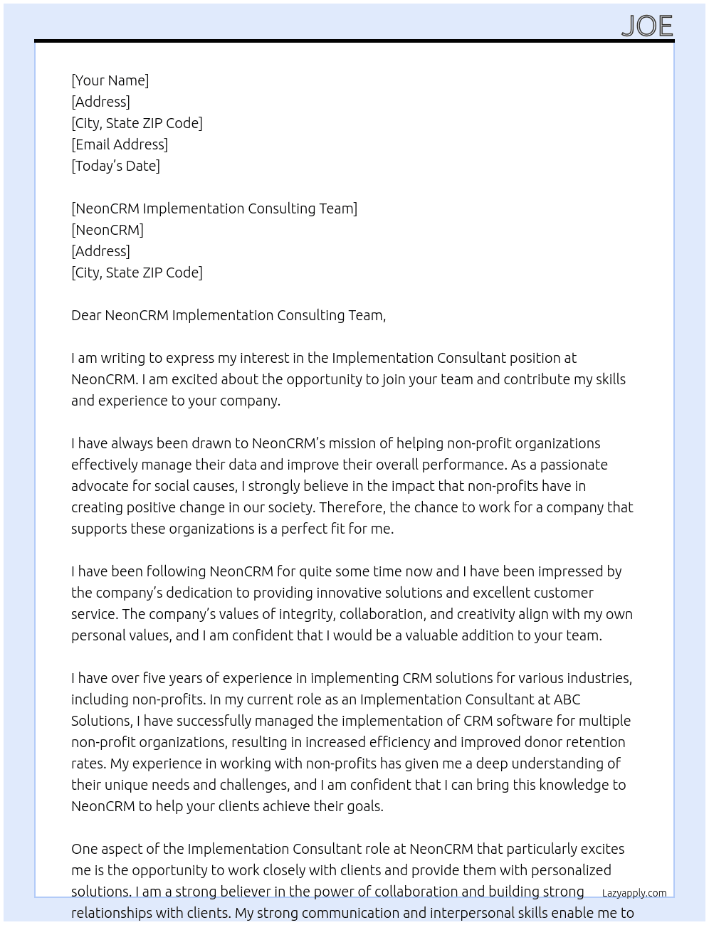 Implementation Consultant At NeonCRM Cover Letter