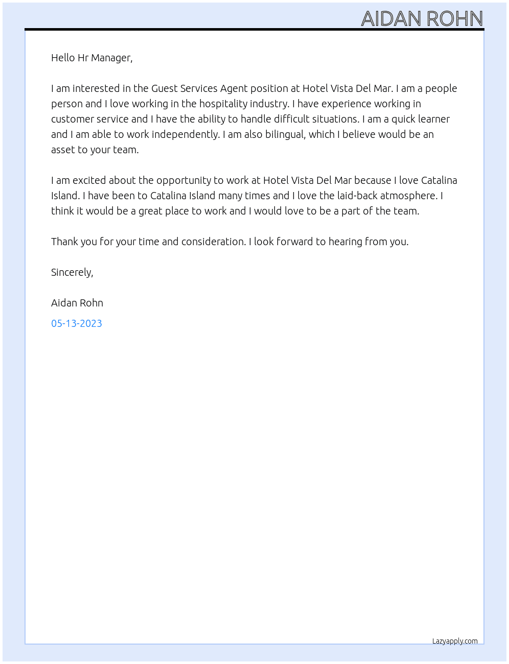 Guest Services Agent At Hotel Vista Del Mar Cover Letter