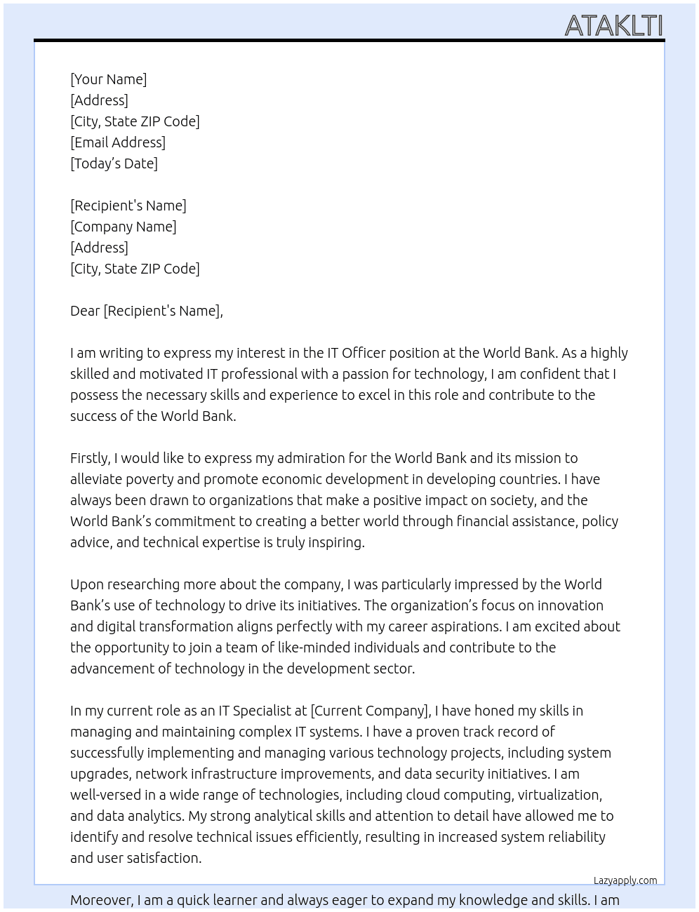 IT officer At world bank Cover Letter