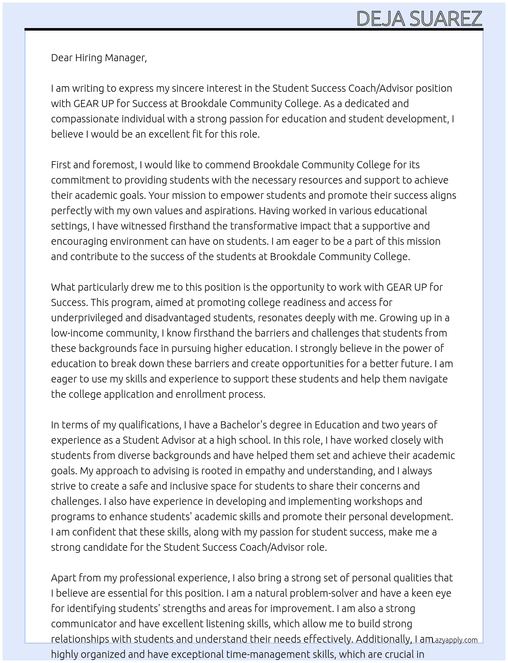 Student Success Coach/Advisor, GEAR UP for Success At Brookdale Community College  Cover Letter