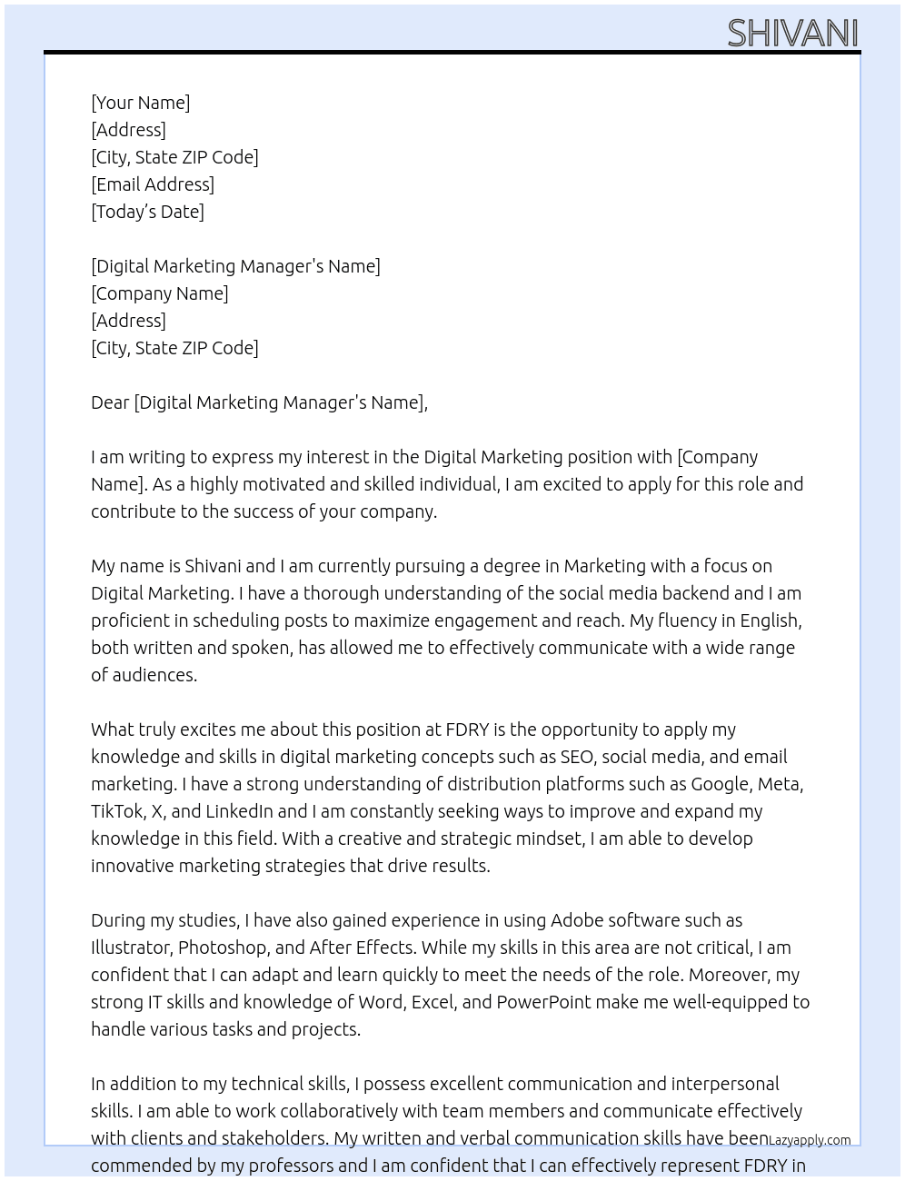 Digital Marketing At FDRY Cover Letter