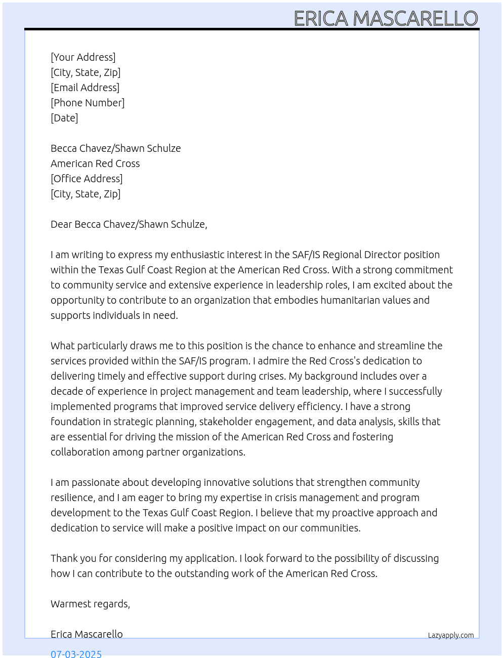 SAF/IS Regional Director At American Red Cross Cover Letter