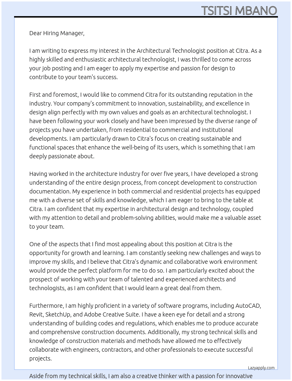 Architectural technologist  At Citra Cover Letter