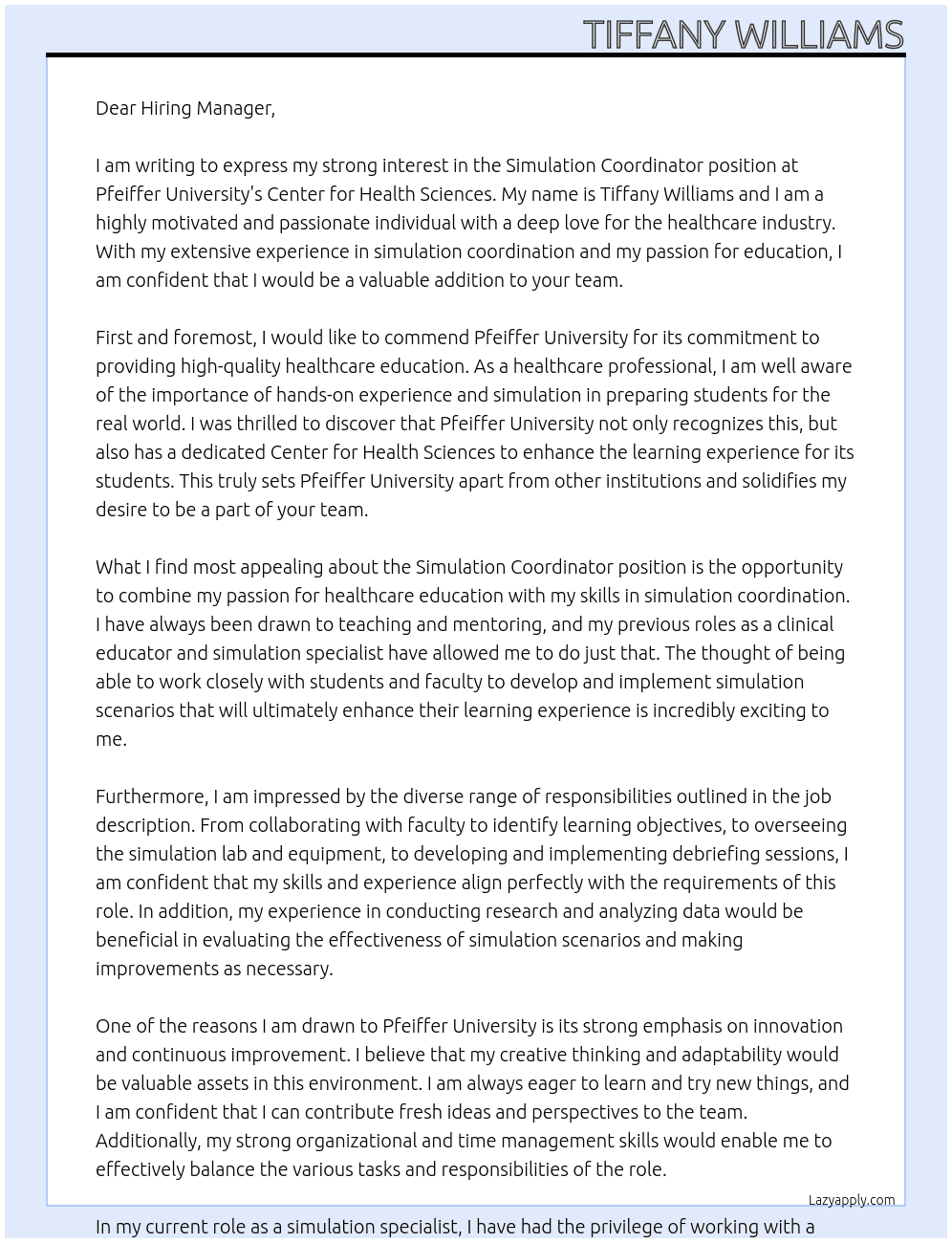Simulation Coordinator- Center for Health Sciences At Pfeiffer University Cover Letter
