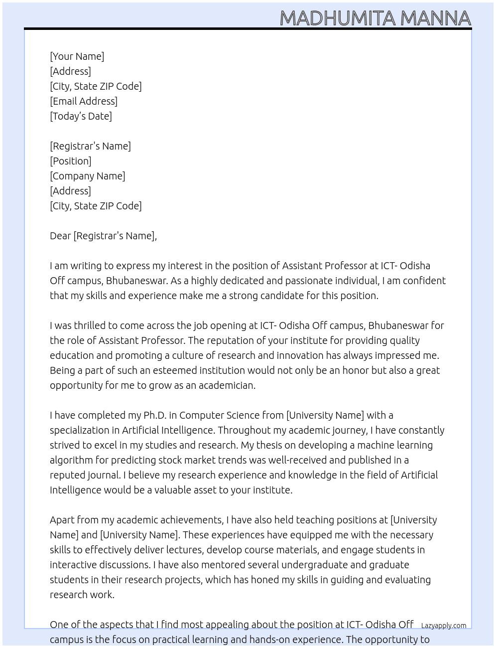 Assistant Professor At ICT- Odisha Off campus, Bhubaneswar Cover Letter