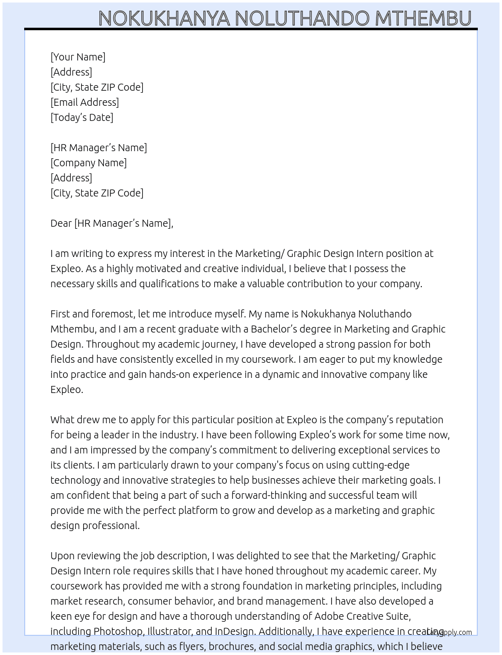 Marketing/ Graphic Design Intern At Expleo Cover Letter