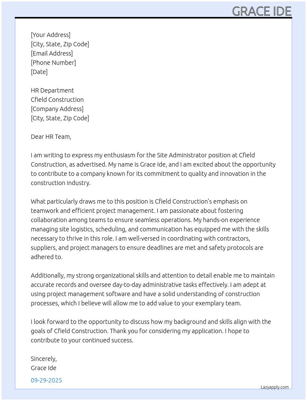 Site administrator  At Cfield construction  Cover Letter