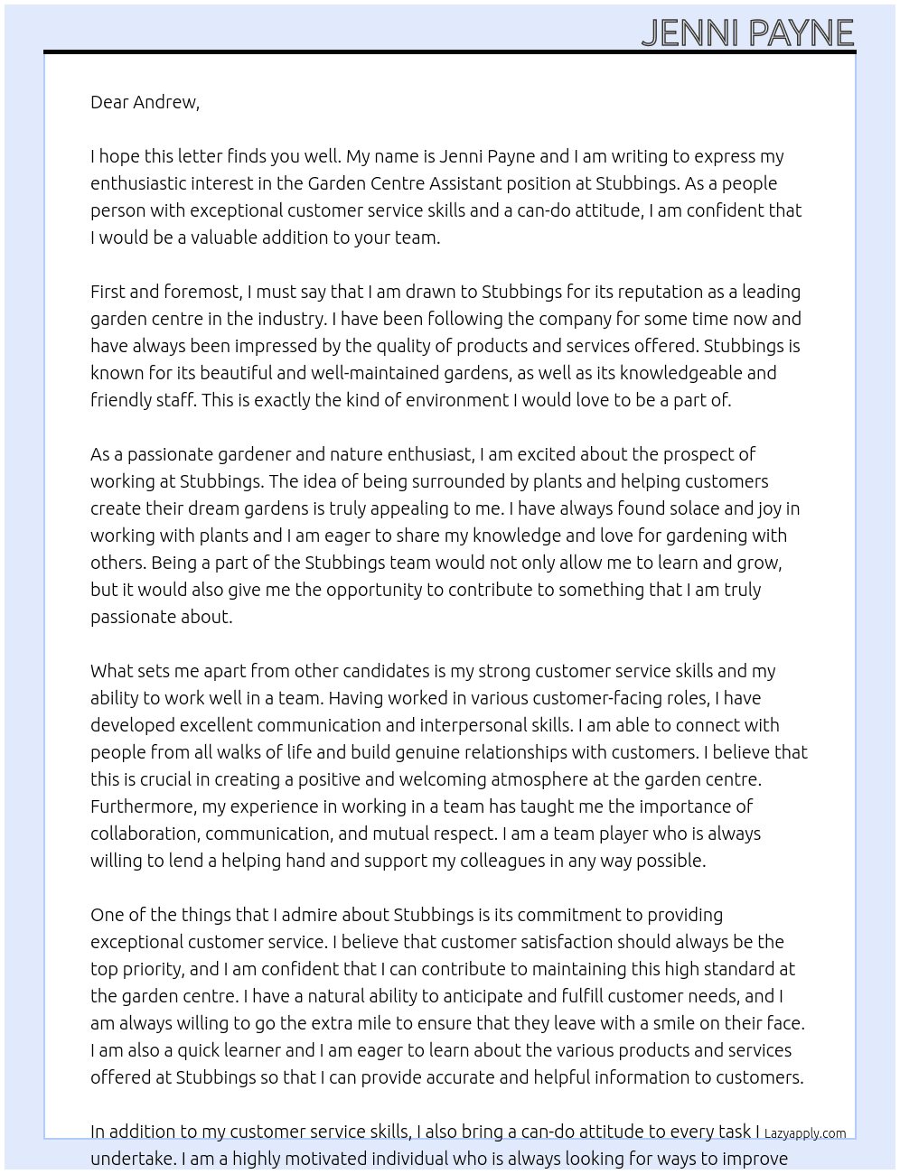 Garden Centre Assistant  At Stubbings Cover Letter