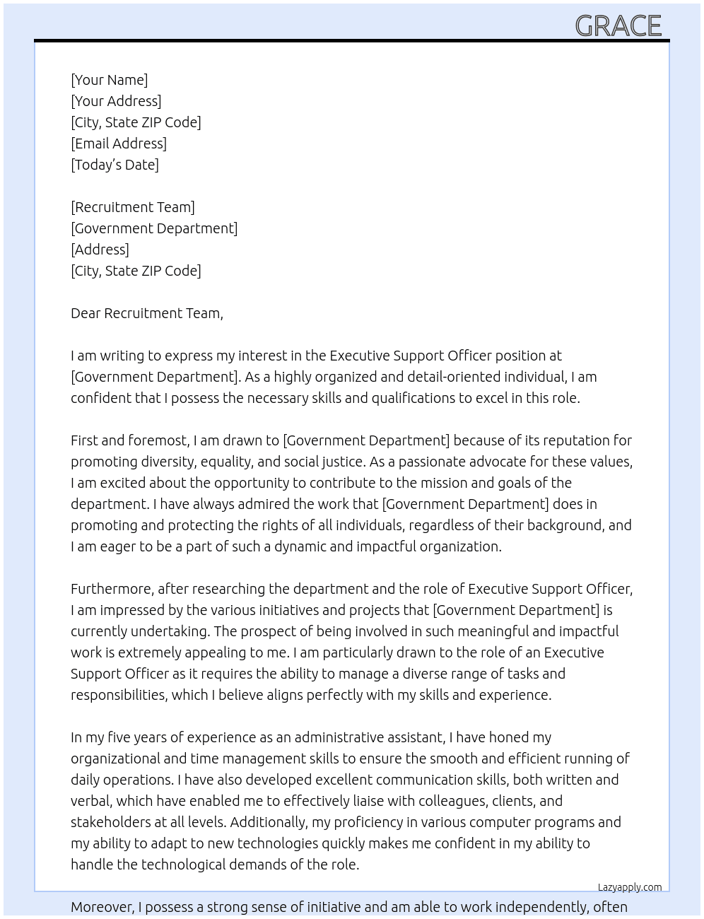 Executive Support Officer At Government Department  Cover Letter