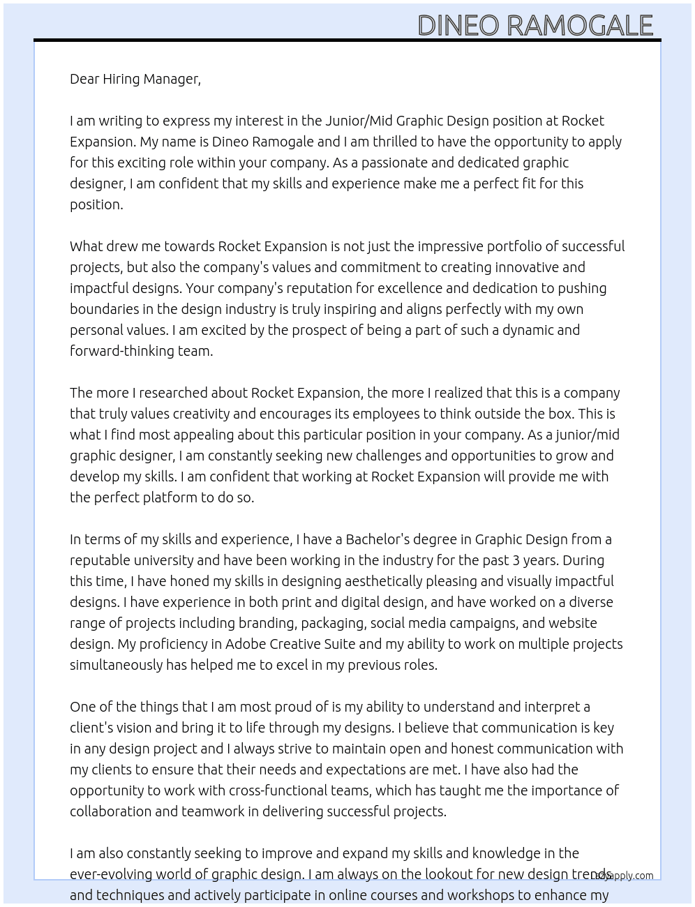 junior/mid graphic design At Rocket Expansion Cover Letter