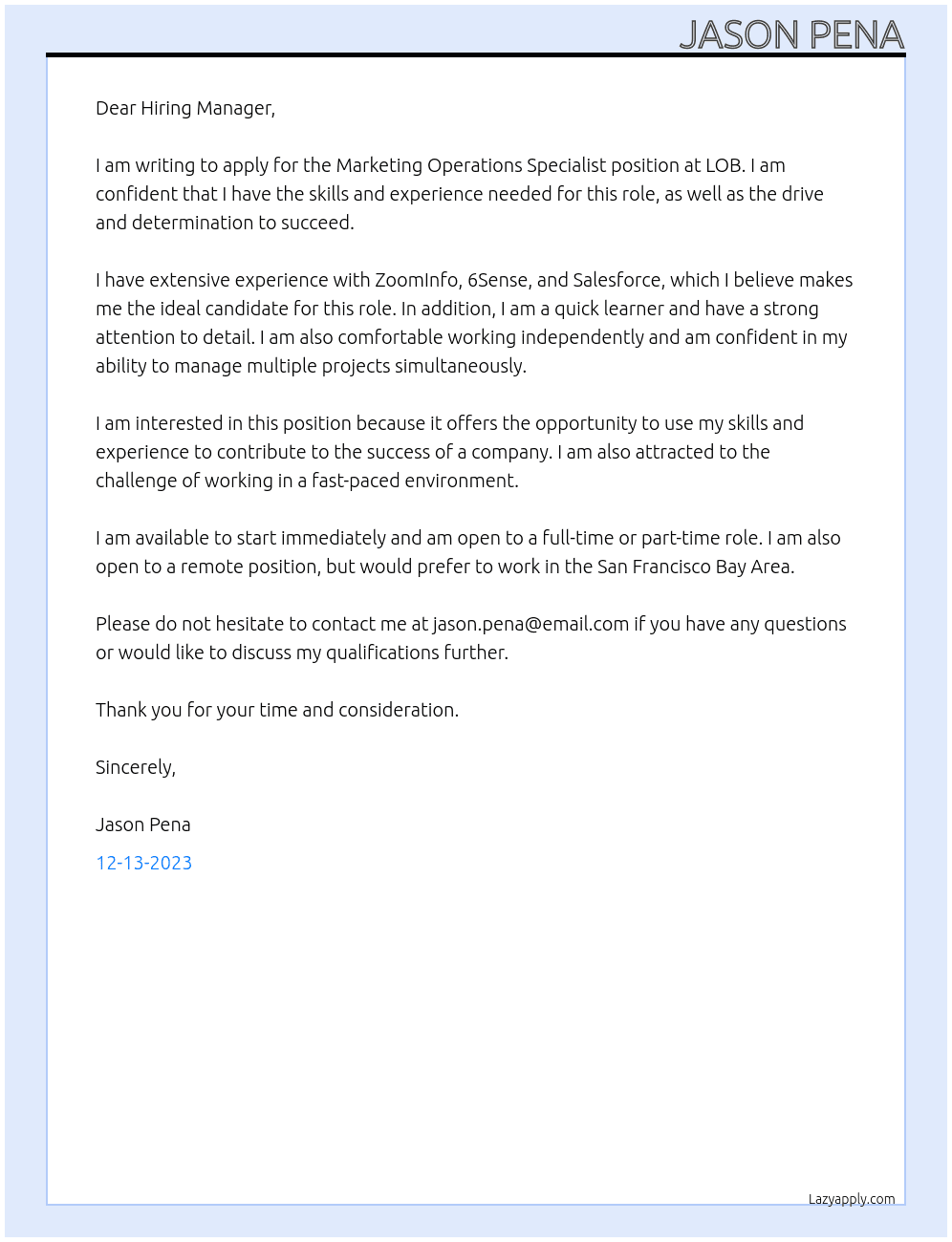 Marketing Operations Specialist At LOB Cover Letter