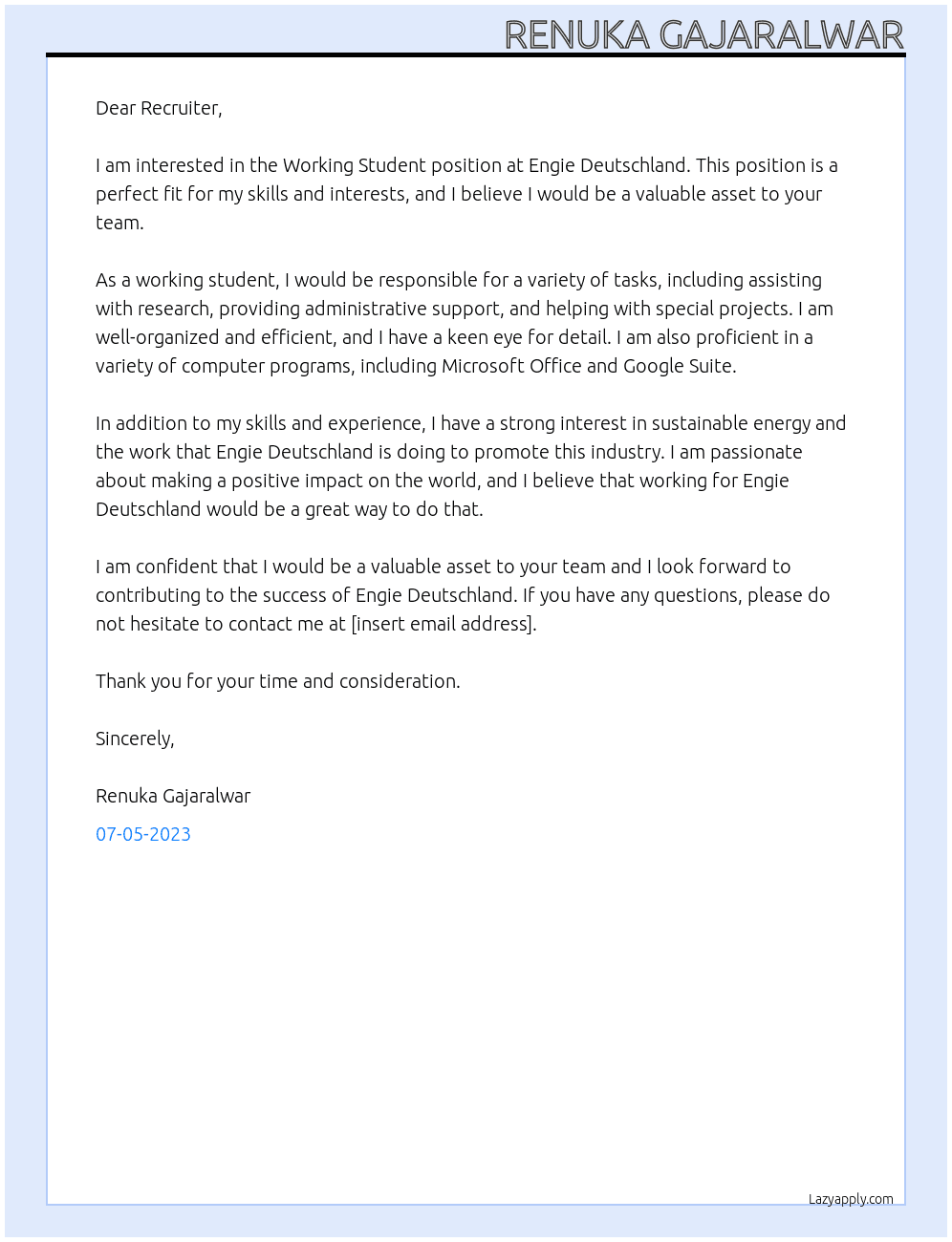 Working STudent At Engie Deutschland  Cover Letter