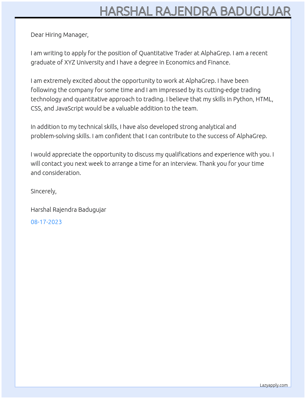 Quantitative Trader  At AlphaGrep Cover Letter