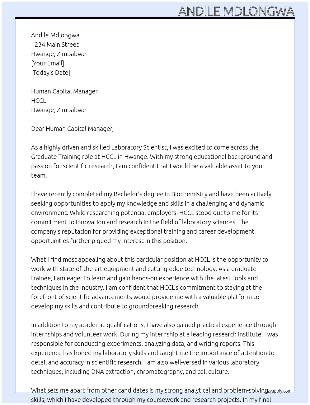 Laboratory Scientist At HCCL Cover Letter