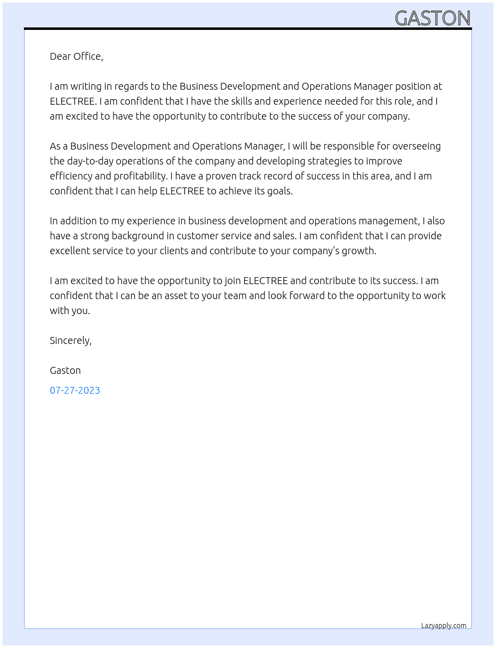 Business Development and Operations management Manager At ELECTREE Cover Letter