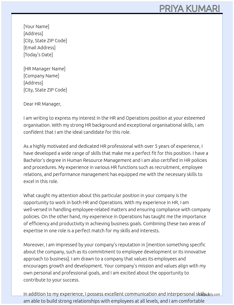 HR and Operations  At Your esteemed organisation  Cover Letter