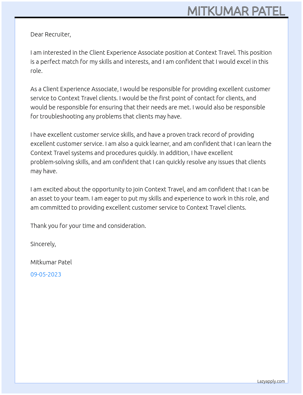 Client Experience Associate  At context travel Cover Letter
