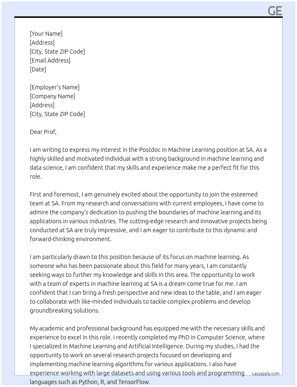 Postdoc in Machine learning At sa Cover Letter