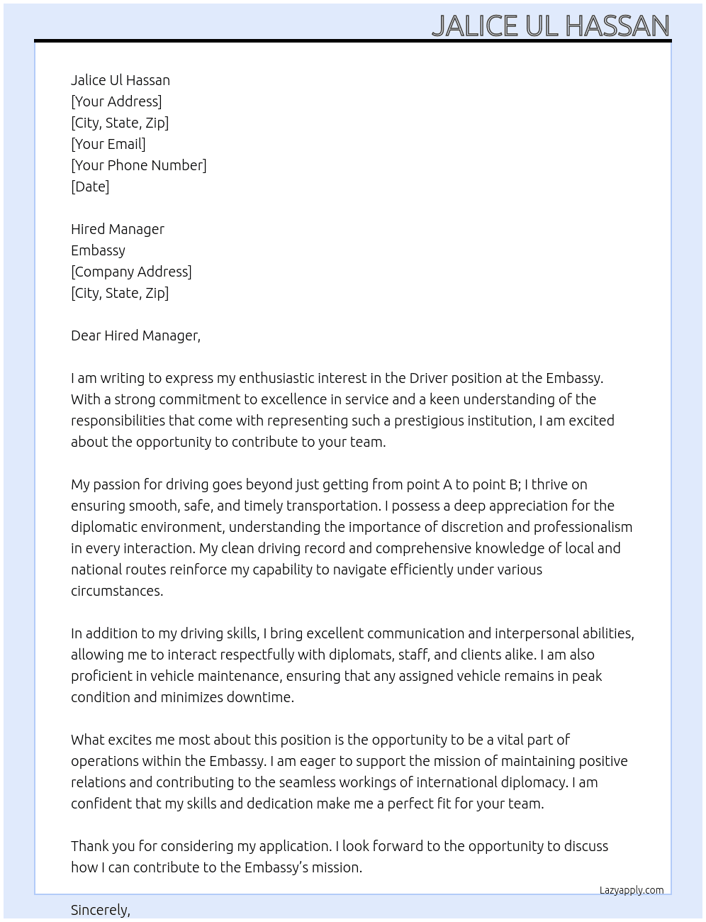 Driver At embassy Cover Letter
