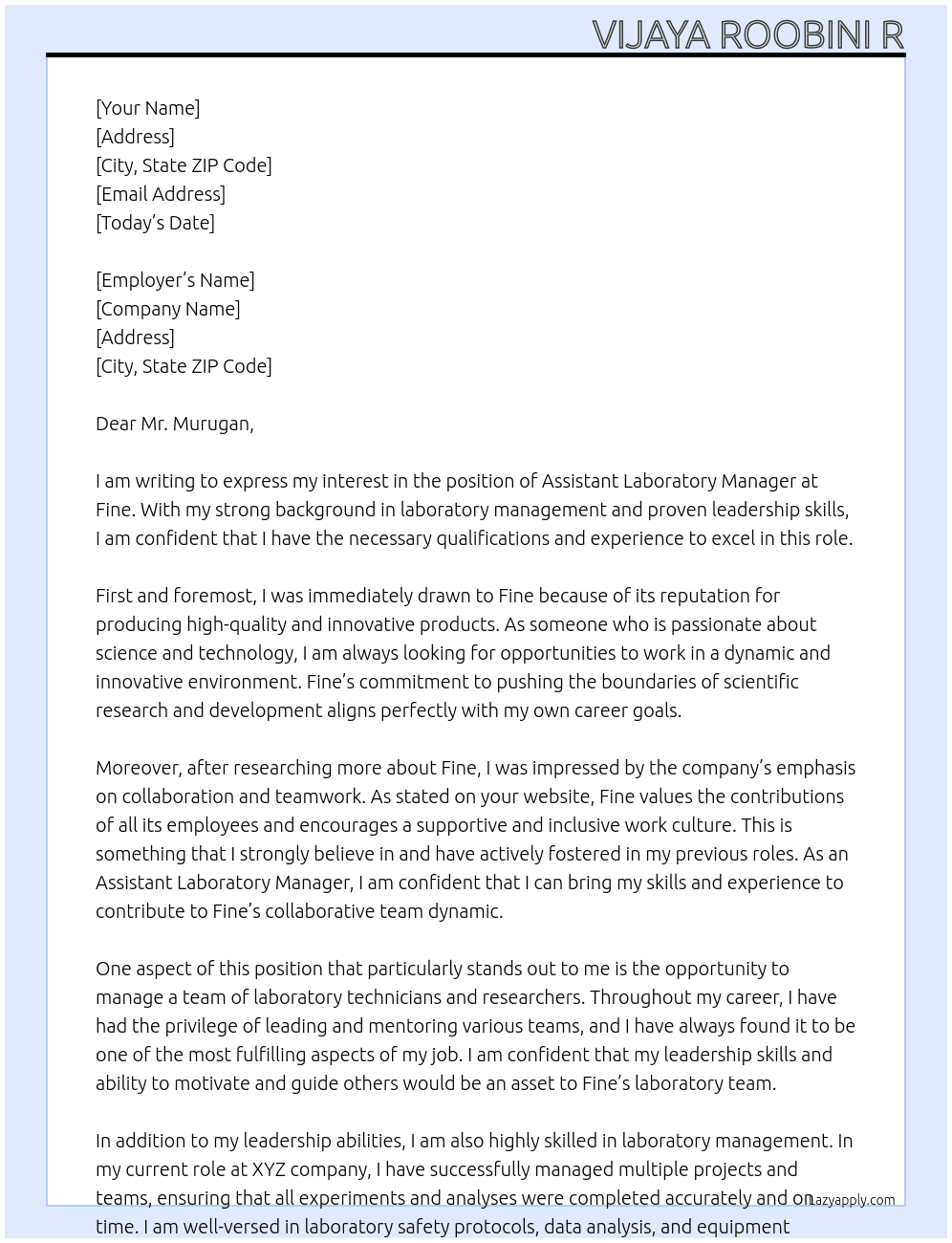 assistant laboratory manager At fine Cover Letter