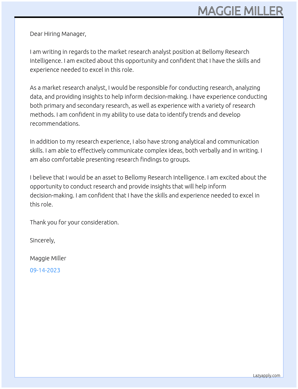 Market Research Analyst At Bellomy Research Intelligence  Cover Letter