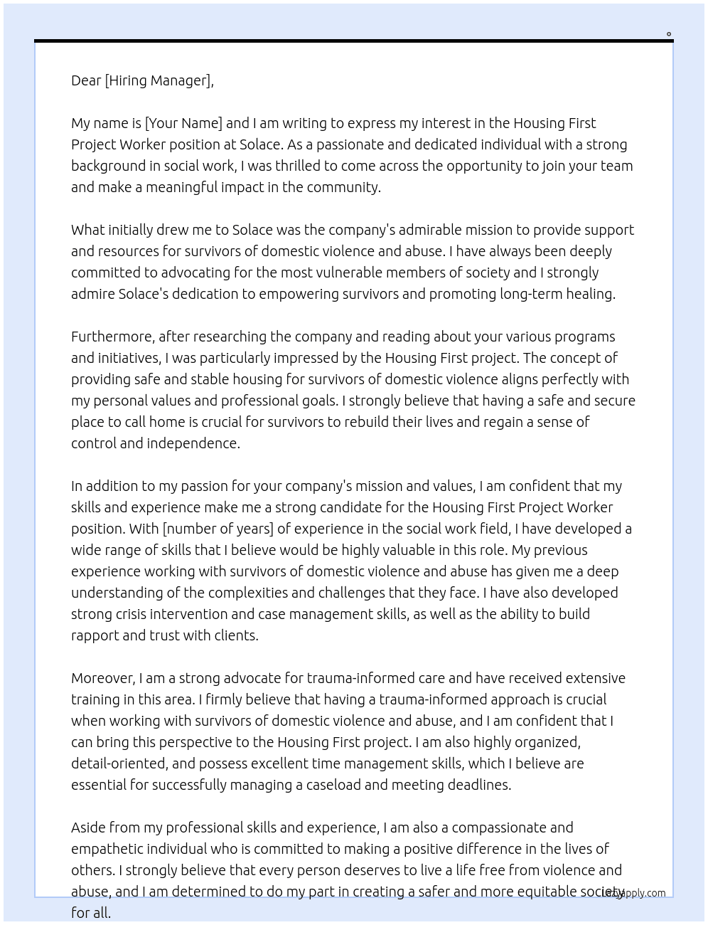 Housing First Project Worker At solace Cover Letter
