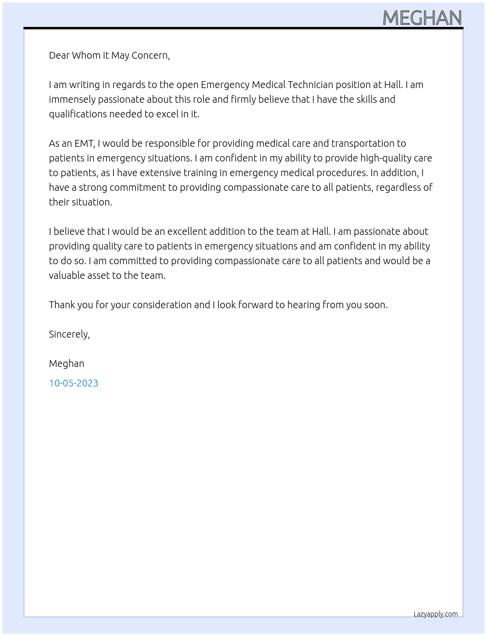 Emergency medical technician  At Hall Cover Letter