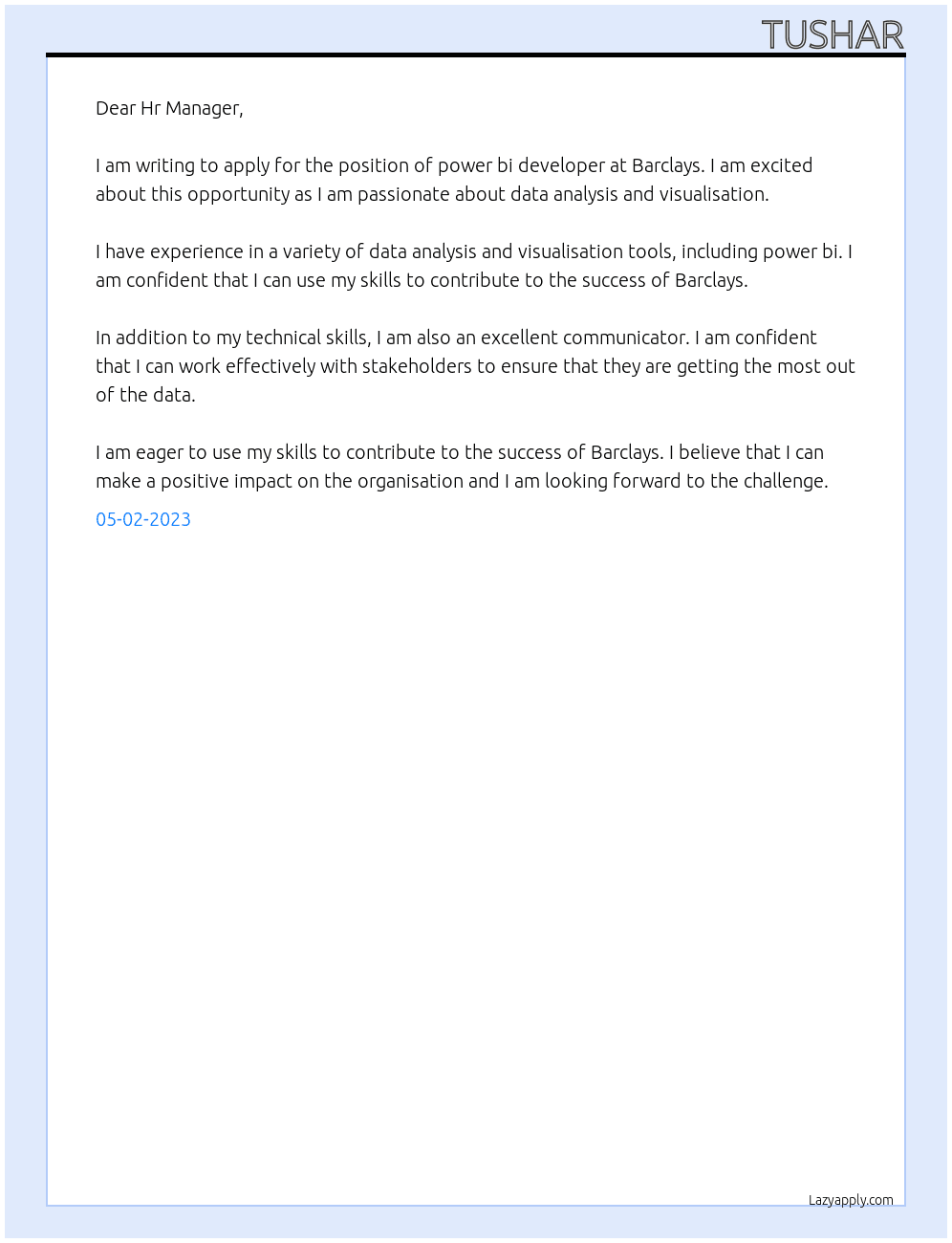 power bi developer At Barclays Cover Letter
