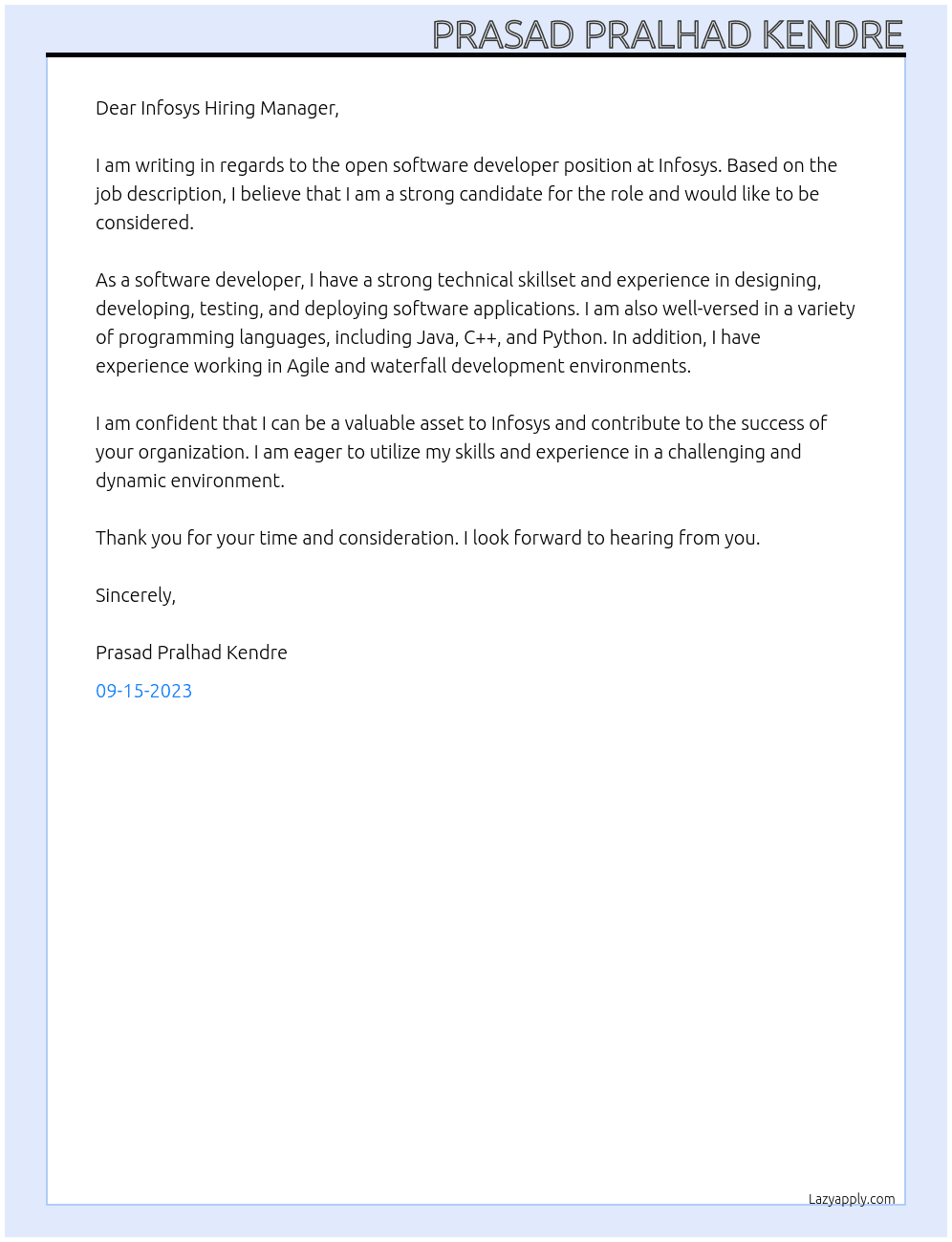 Software developer At Infosys company Cover Letter